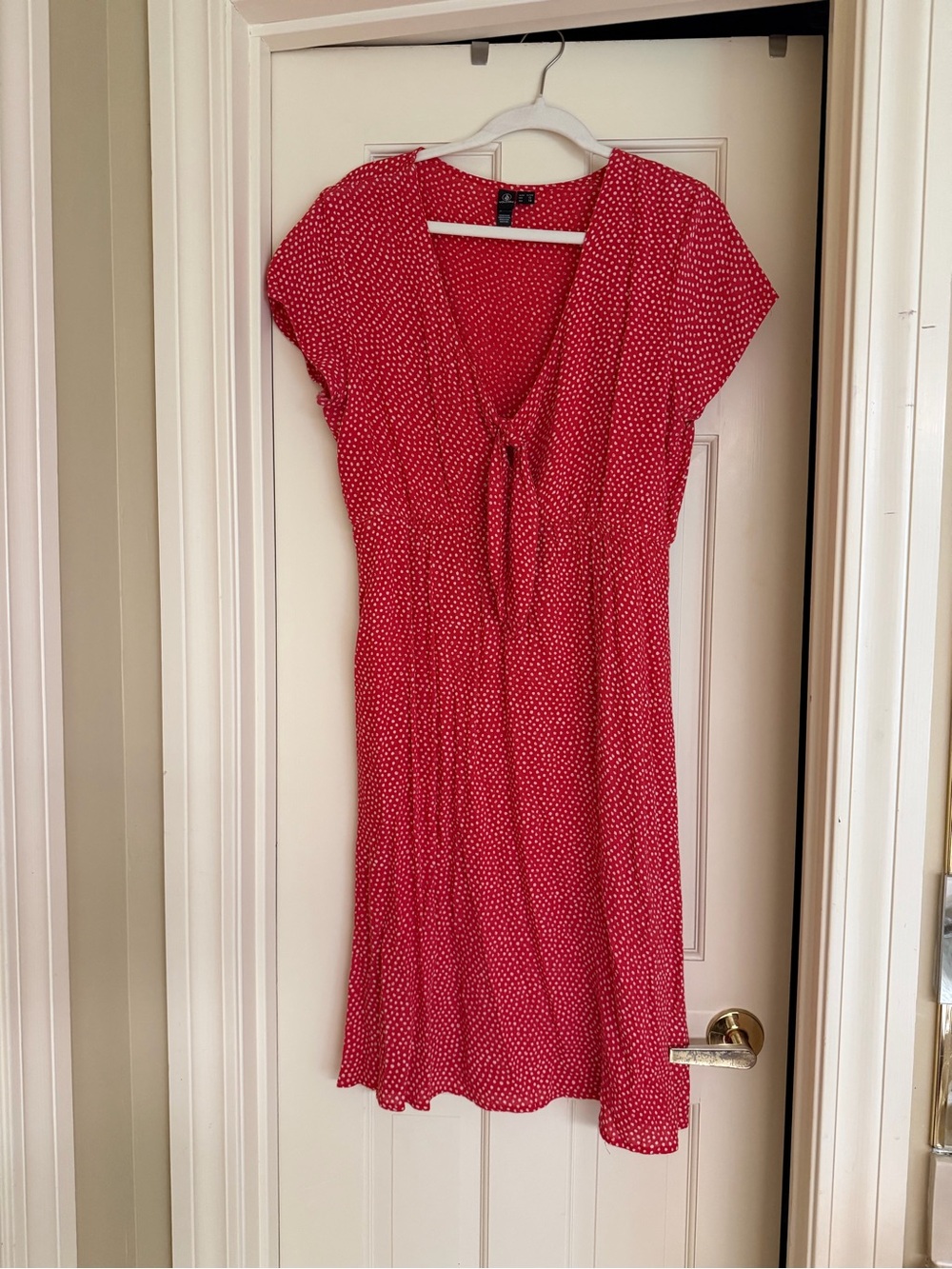 Volcom Red Polka Dot Midi Dress with Tie Front